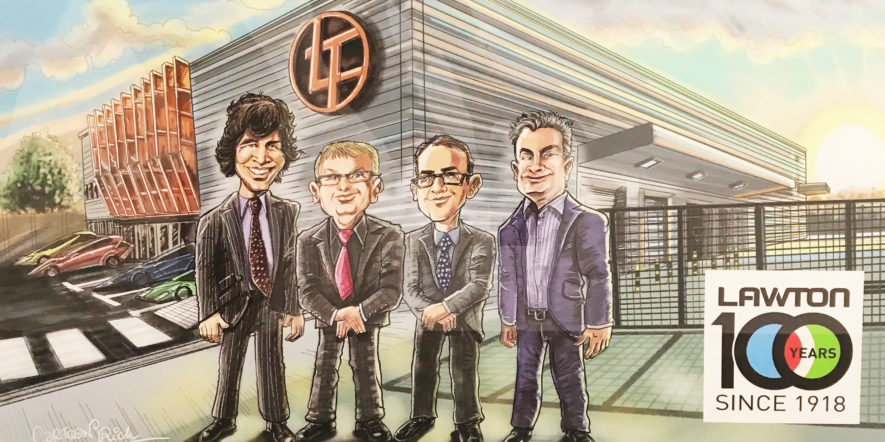 A light-hearted cartoon image depicts the Lawton Tubes directors outside the Lawton Tubes factory