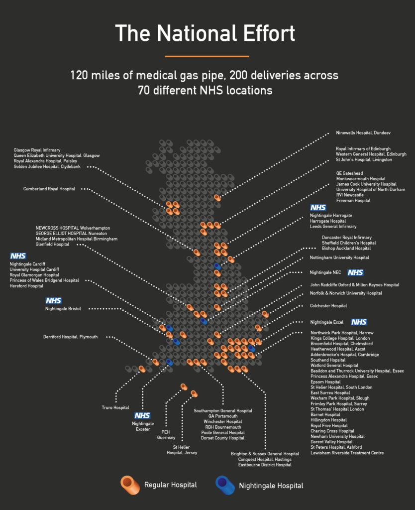 Map of Lawton Tubes COVID-19 related medical copper pipe installations